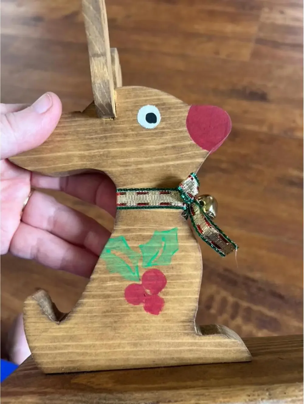Wooden Reindeer Candle Holder with Festive Holly Decoration